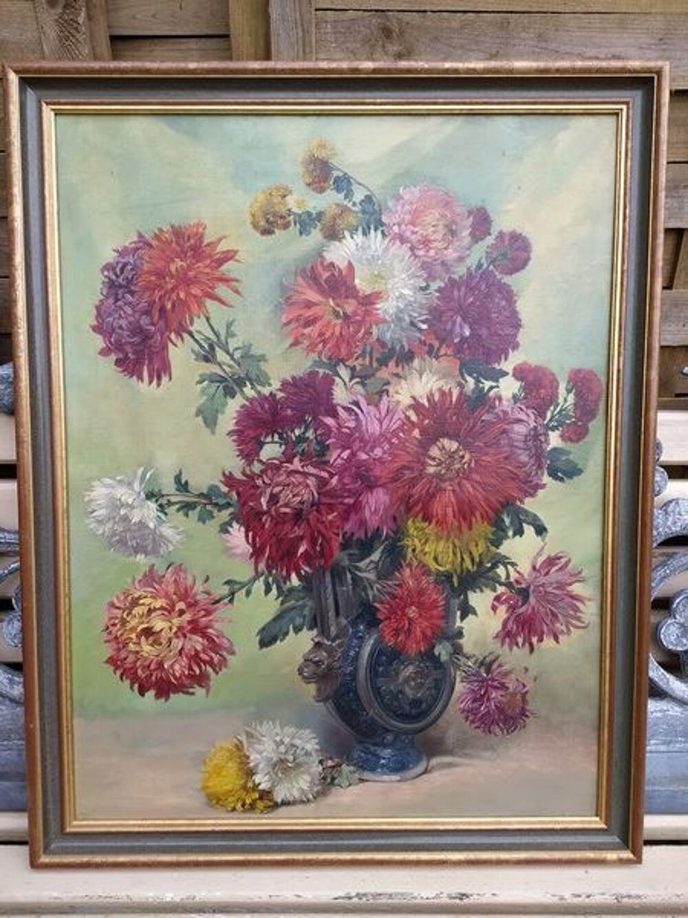Ancien Tableau Nature Morte aux Dahlias Dcoration
