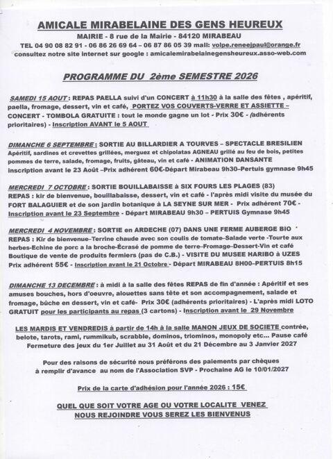 PROGRAMME DE NOTRE ASSOCIATION 2&egrave;me SEMESTRE 2026 0 84120 Pertuis