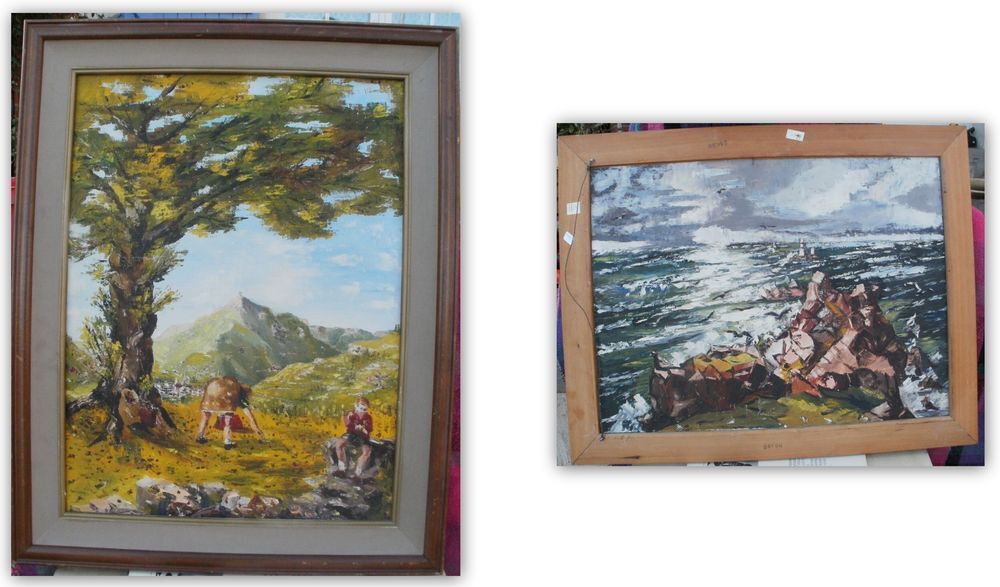 Peinture 2 faces : enfants en for&ecirc;t et temp&ecirc;te en mer Décoration