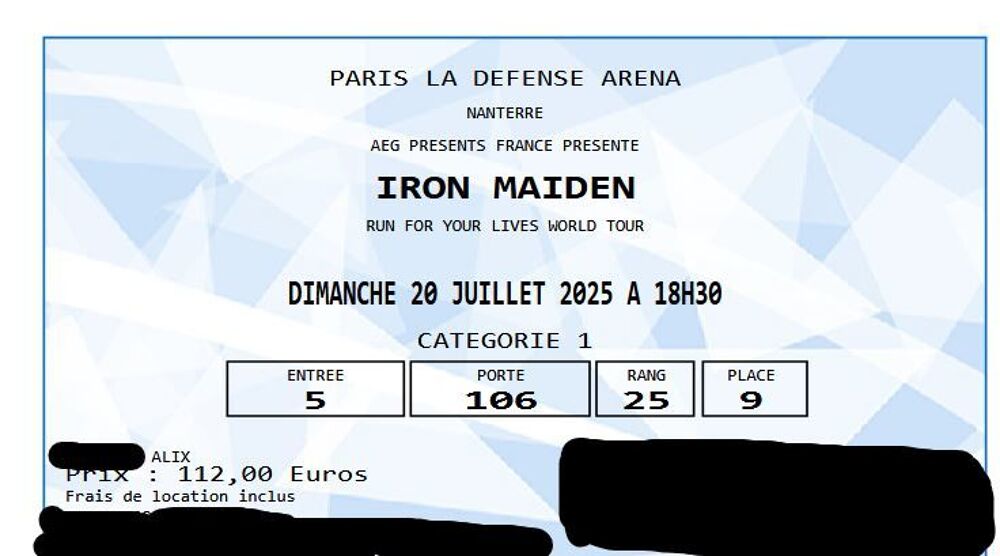 BILLET CONCERT IRON MAIDEN 20 JUILLET PLACE ASSISE Billetterie