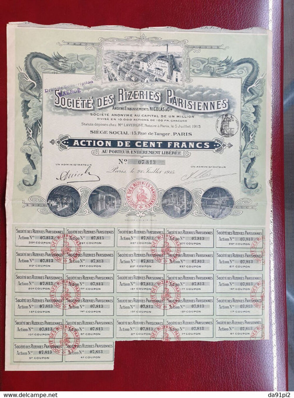 Rare Super DECO action de 100 francs Or Rizeries Parisiennes 