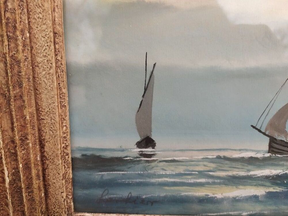 Tableau Dessin Gouache Marine Voiliers Sign&eacute;e 