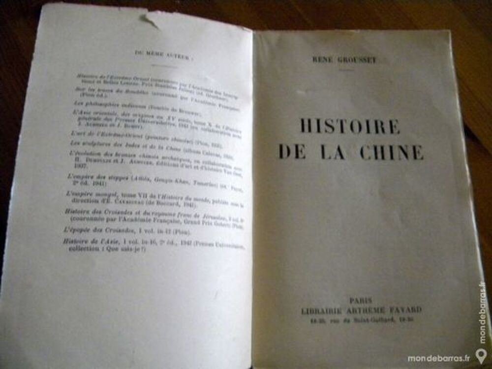Histoire de la Chine de Ren&eacute; Grousset - 1942 Livres et BD