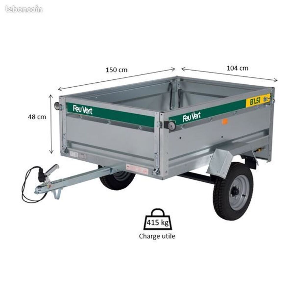Remorque ERDE - PTAC 500 Kg - Longueur 1,50m Jardin