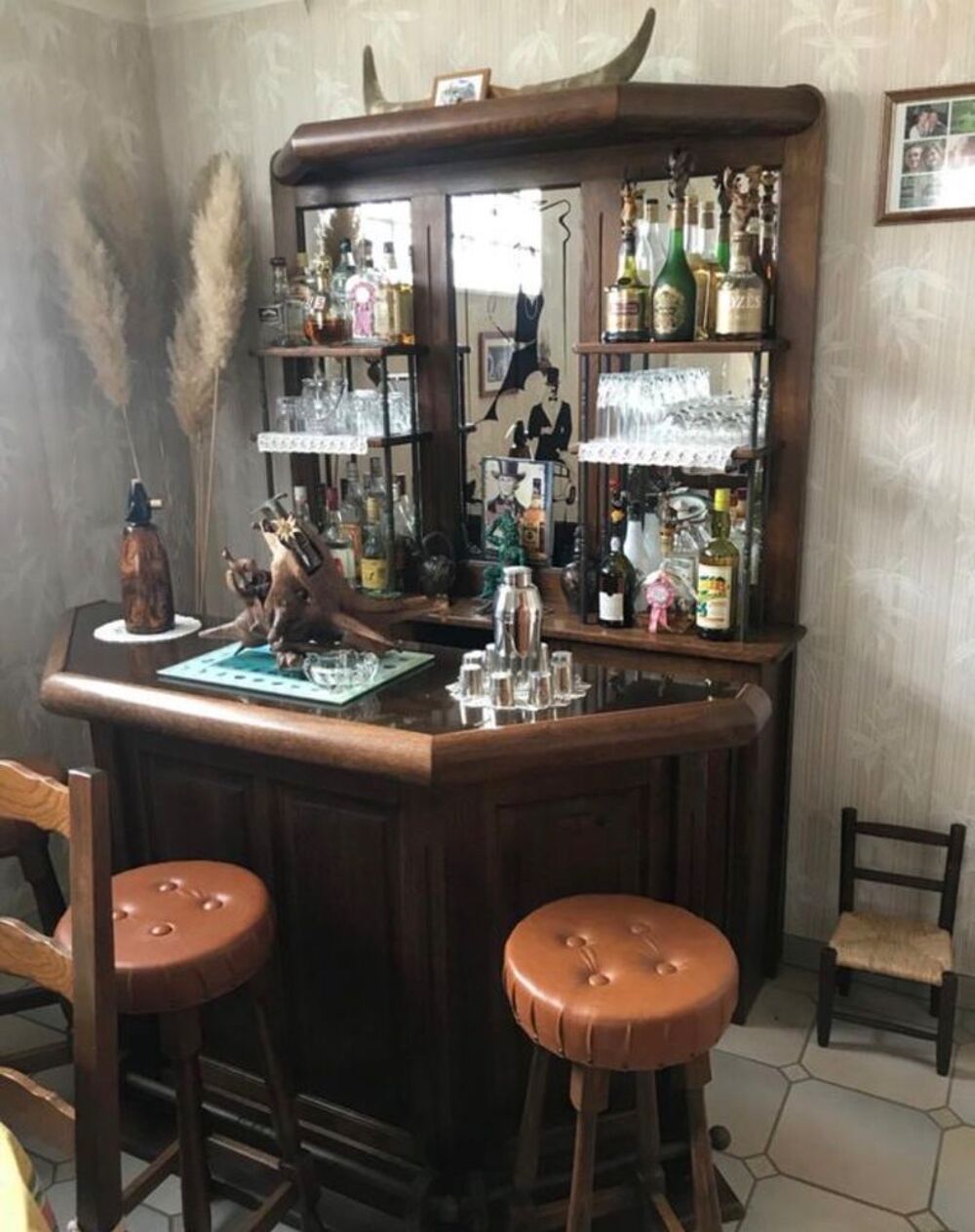 bar avec miroir et bar d'angle en laiton ch&ecirc;ne Meubles