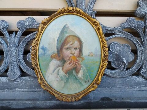 Tableau Portrait d'Enfant Mangeant un Fruit Signé 1942 70 Loches (37)