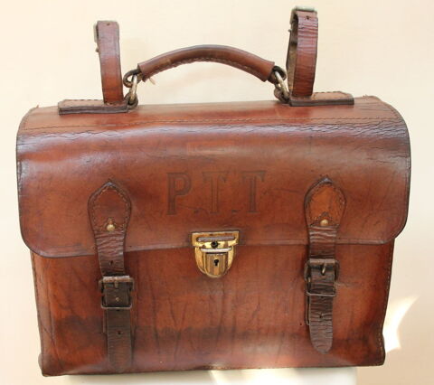 Valise de postier PTT en cuir épais 1920 Issy-les-Moulineaux (92)