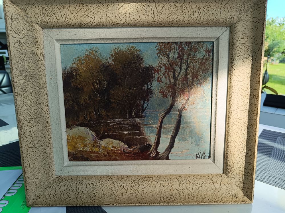 Tableau paysage encadr&eacute; maison au bord du lac 