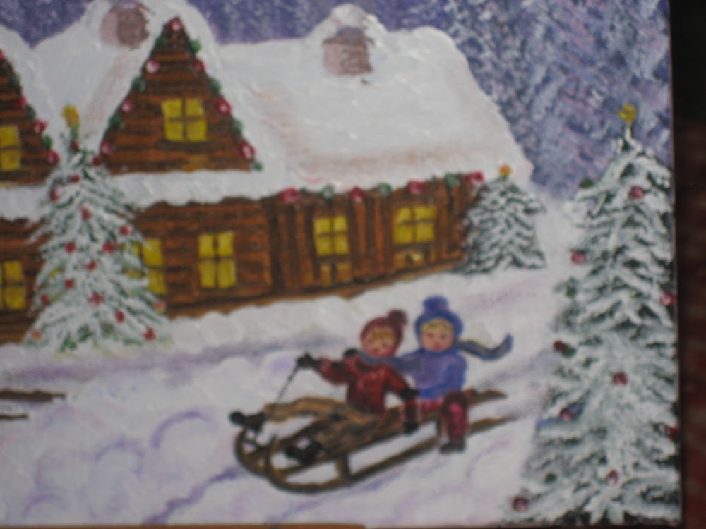 PEINTURE A L'HUILE sur toile No&ecirc;l au chalet Décoration