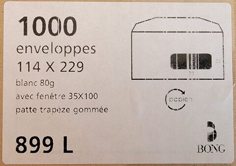 1 BONG boîte de 1000 enveloppes blanches 80g avec fenêtre. 59263 Houplin-ancoisne