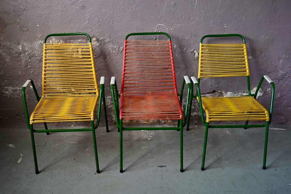 Lot de 3 fauteuils de jardin ancien scoubidou vintage design Meubles