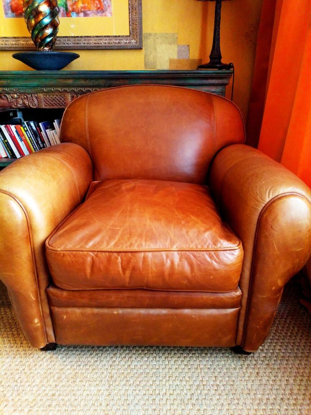Canap&eacute; 3 places et fauteuil CLUB en cuir couleur havane Meubles