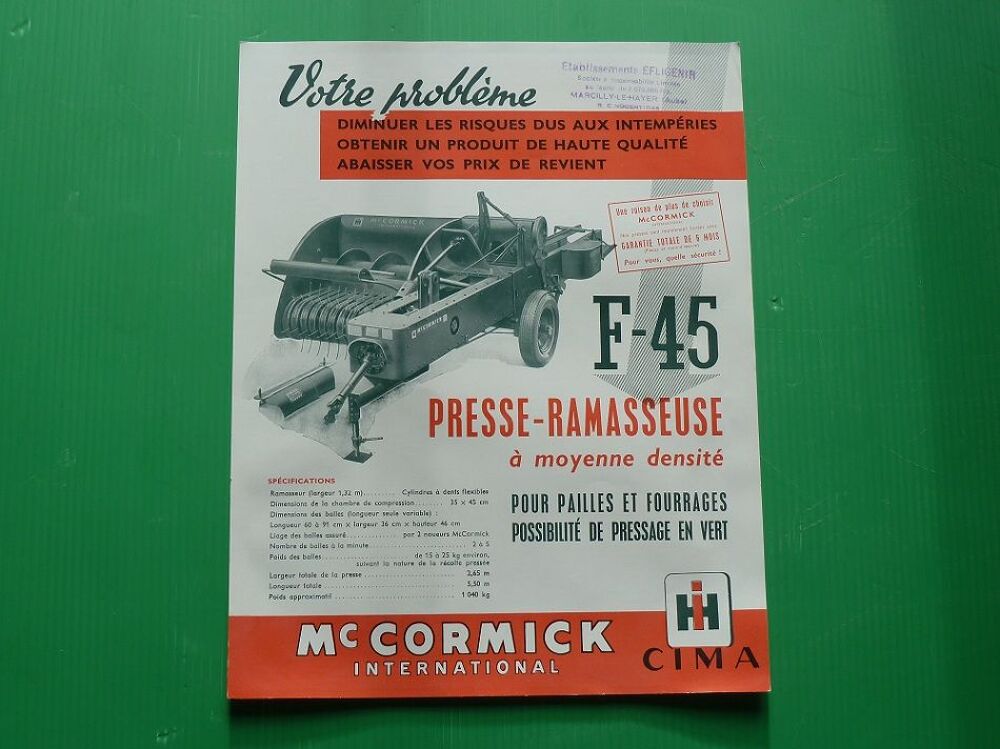 Prospectus agricole presse -Ramasseuse Mac CORMICK F-45 