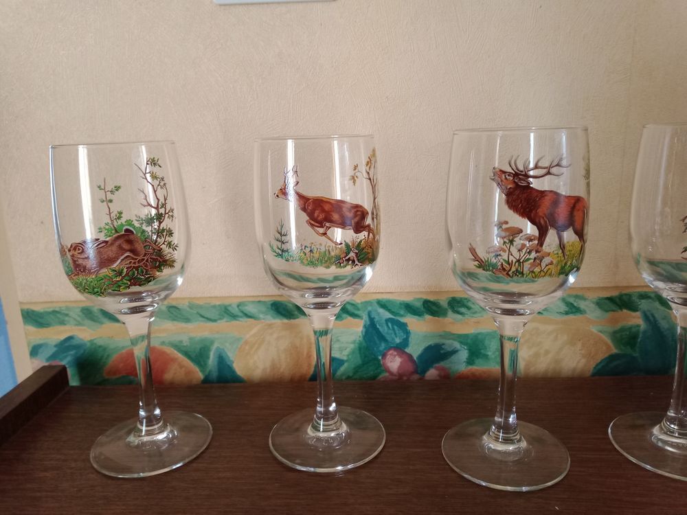 6 verres &agrave; pied chasse / gibier Décoration
