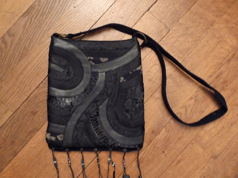 Sac &agrave; Main en Cuir et Tissu Noir &agrave; Bandouli&egrave;re- Ralph Kemp Maroquinerie
