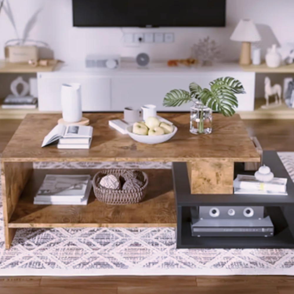 Table basse bois et noir ? design moderne avec double rangem Meubles