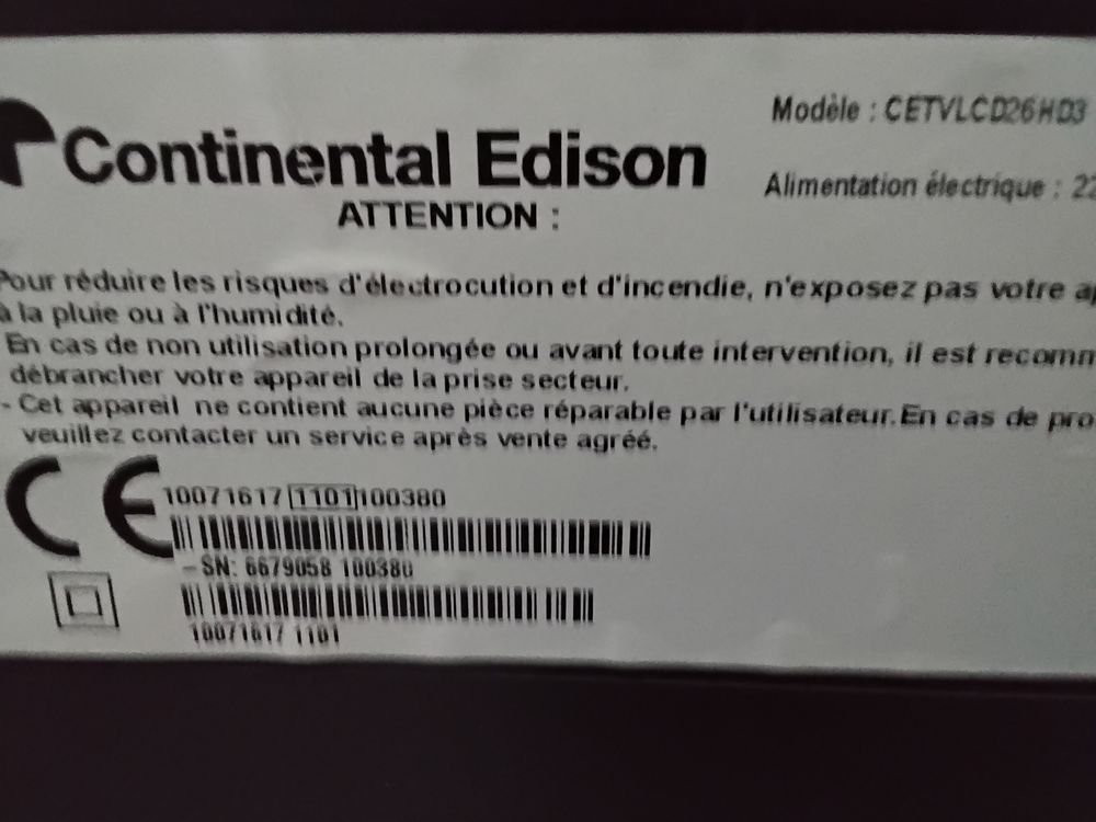 T&eacute;l&eacute;vision Continental Edison mod&egrave;le&nbsp;: cetvlcd26hd3 Photos/Video/TV