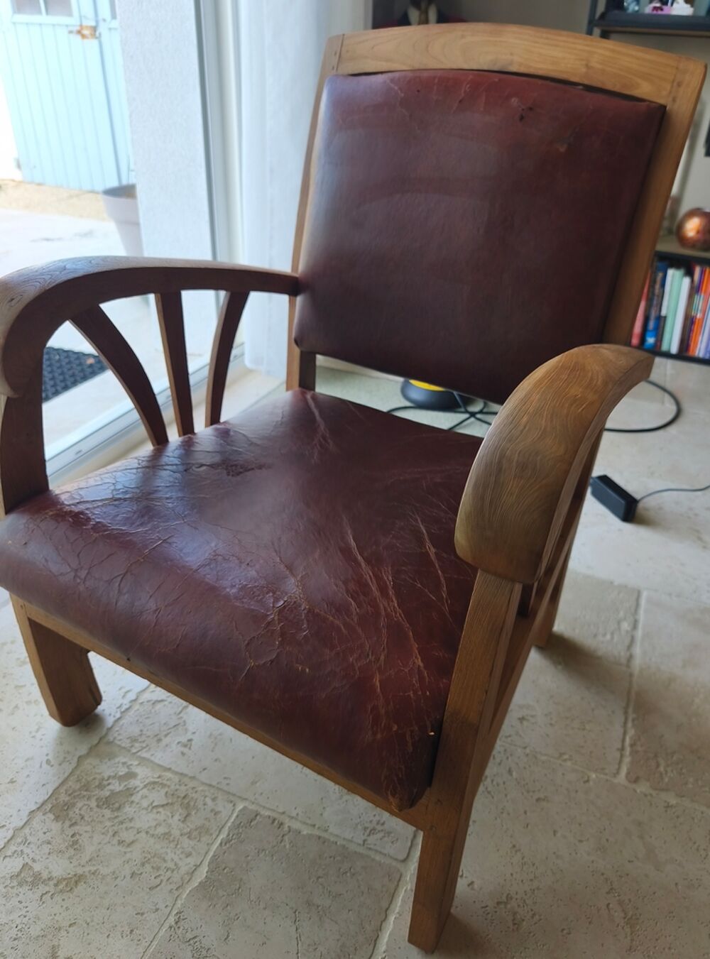 Fauteuil exotique teck et cuir brun Meubles
