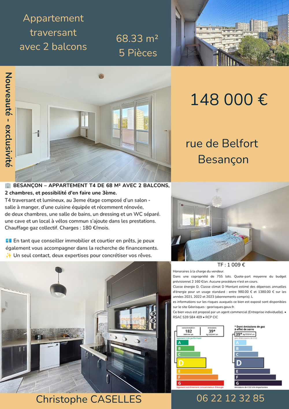 Vente Appartement T4 DE 68 M²,  2 BALCONS, 2 chambres avec possibilité 3ème Besançon