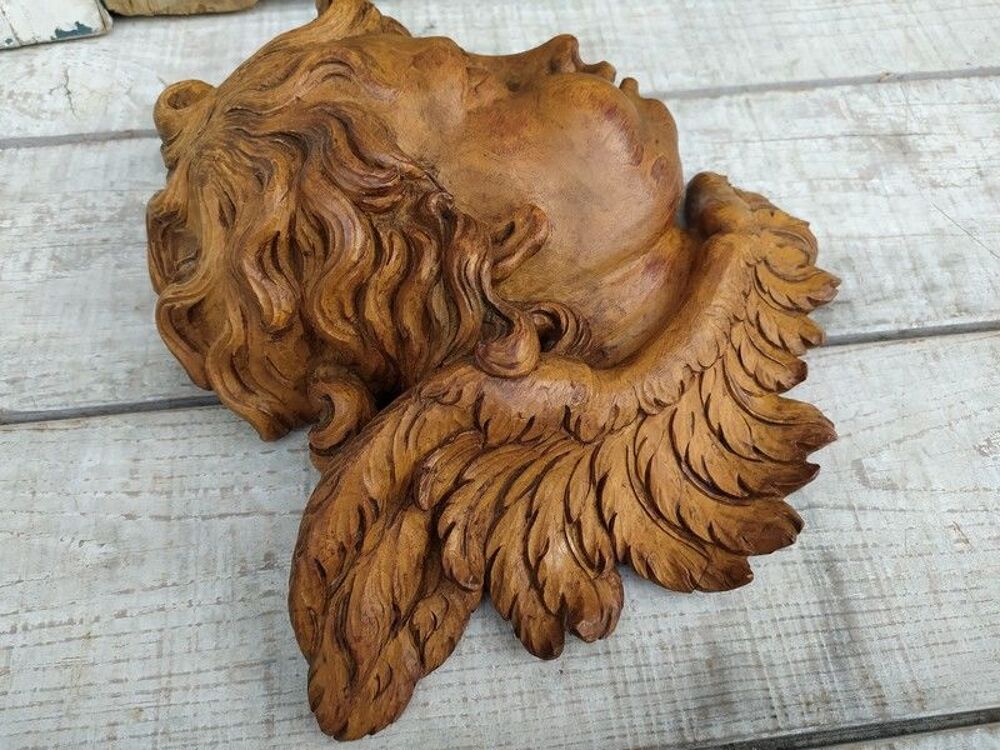 Ancienne Sculpture T&ecirc;te Ange Angelot Bois Sculpt&eacute; 