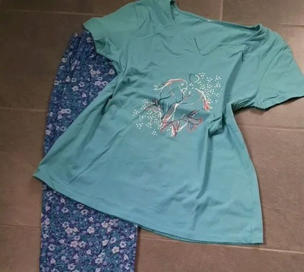 Beau pyjama bleu marine fleuri liberty vert + haut T 38 - 40 Vtements