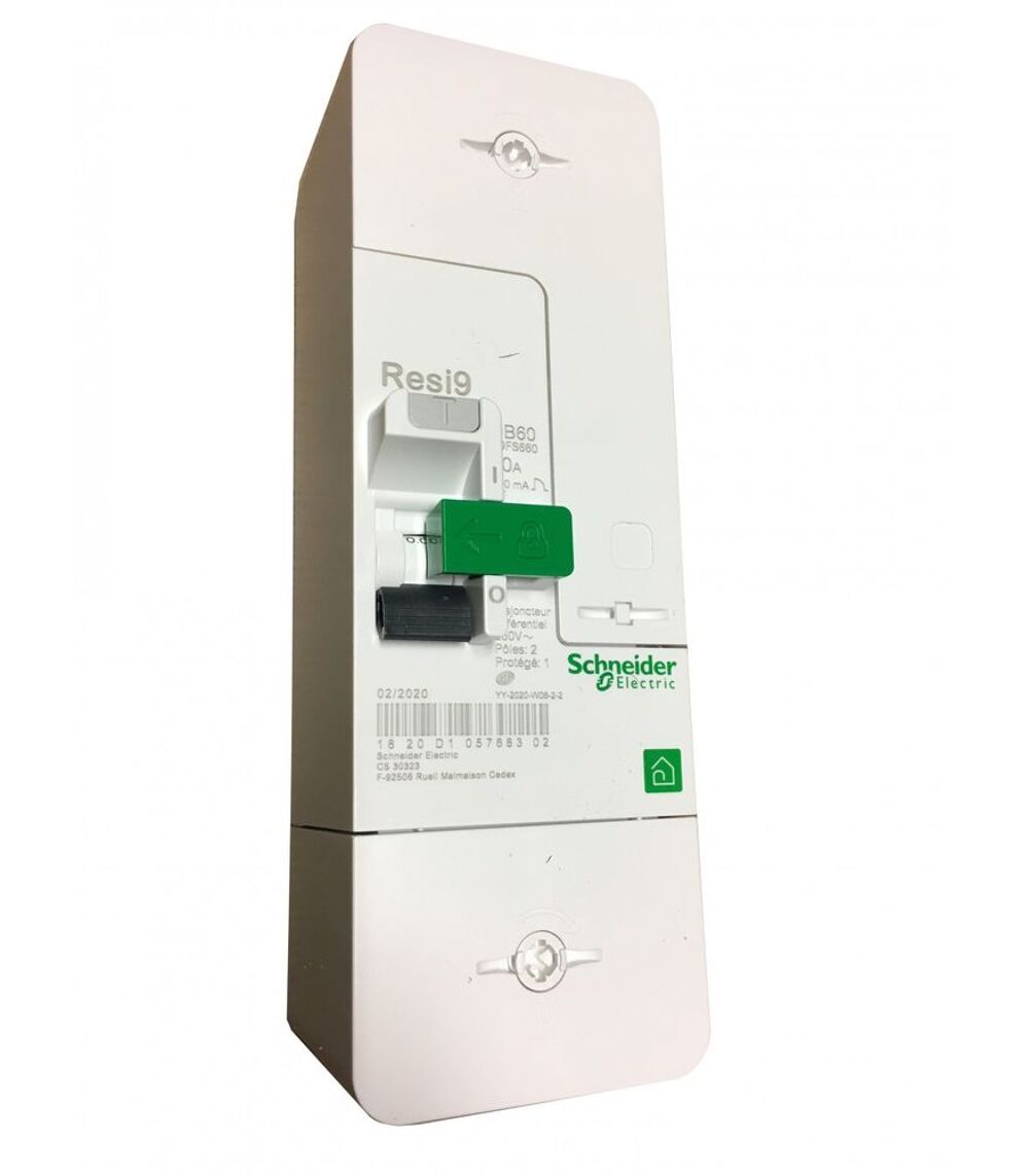 Disjoncteur diff&eacute;rentiel SCHNEIDER 60A FIXE RESI9 DB60 - DISJONCTEUR BRANCHEMENT 1P+N NEUF 60A FIXE - 500MA - NF Bricolage