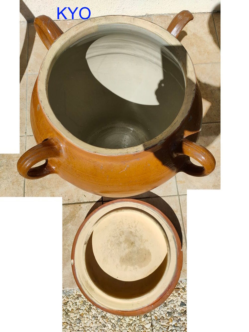 Grand Pot/cache-pot rond marron saloir gr&egrave;s poign&eacute; couvercle Décoration