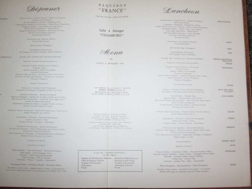 Menus du paquebot FRANCE 