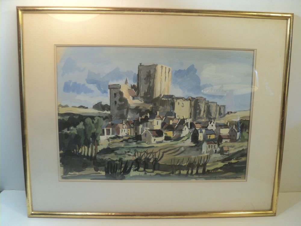 Tableau Vue du Donjon de Loches Dessin Gouache Sign&eacute;e. Dcoration