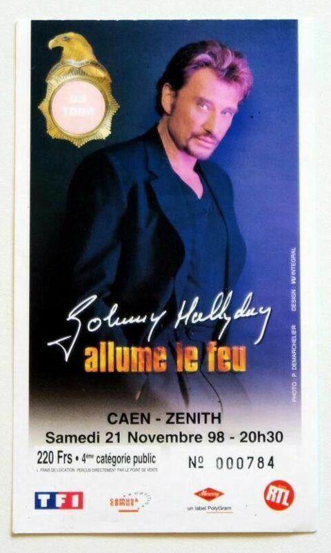 JOHNNY HALLYDAY - billet ticket concert FRANCE Caen 1998 0 Paris 11 (75)