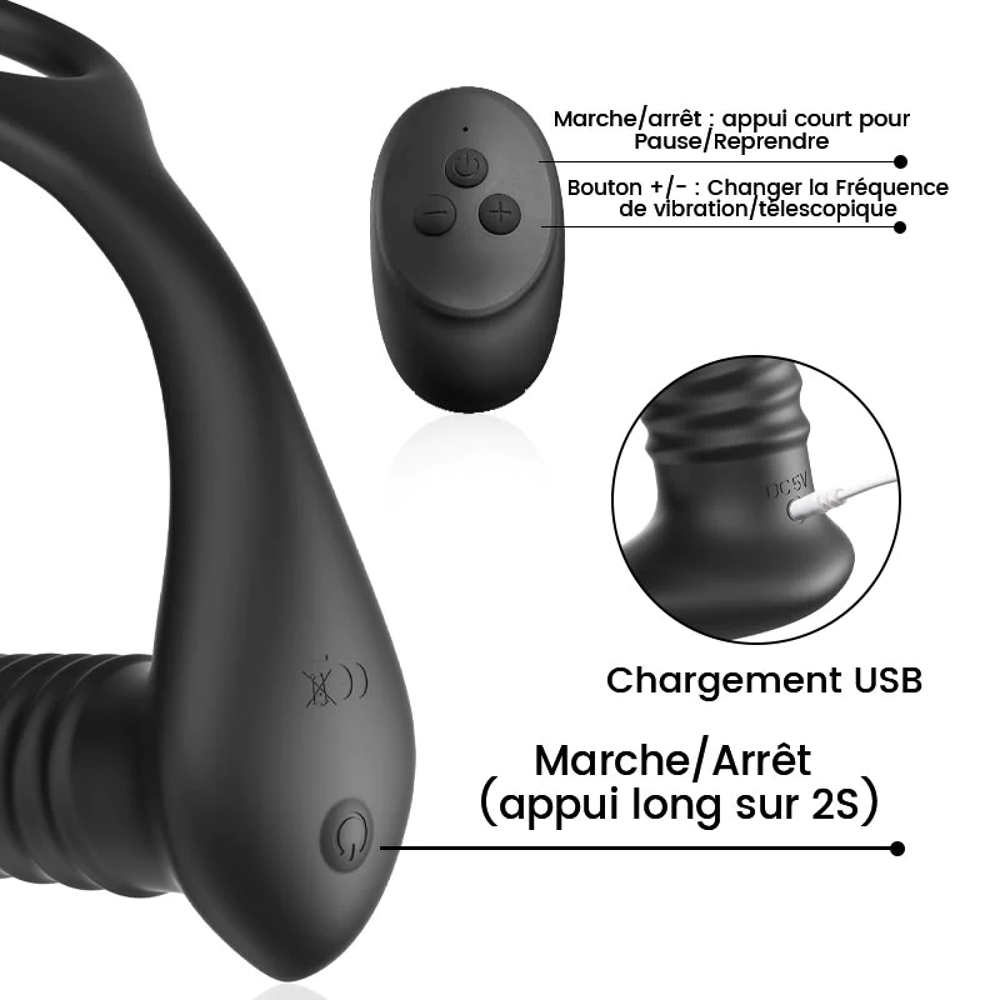 Sex-toys t&eacute;lescopique avec anneau p&eacute;nien massage prostate Sports