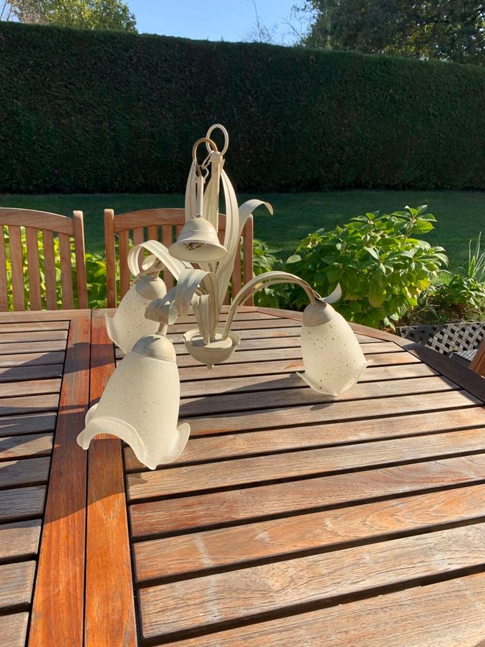 Lustre 3 branches M&eacute;tal beige Patine Dcoration