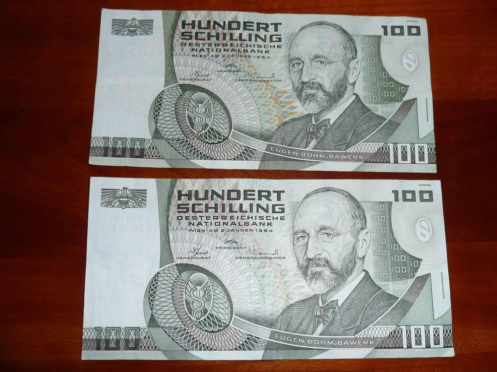 Lot de 2 billets 100 schilling Autriche 1984 