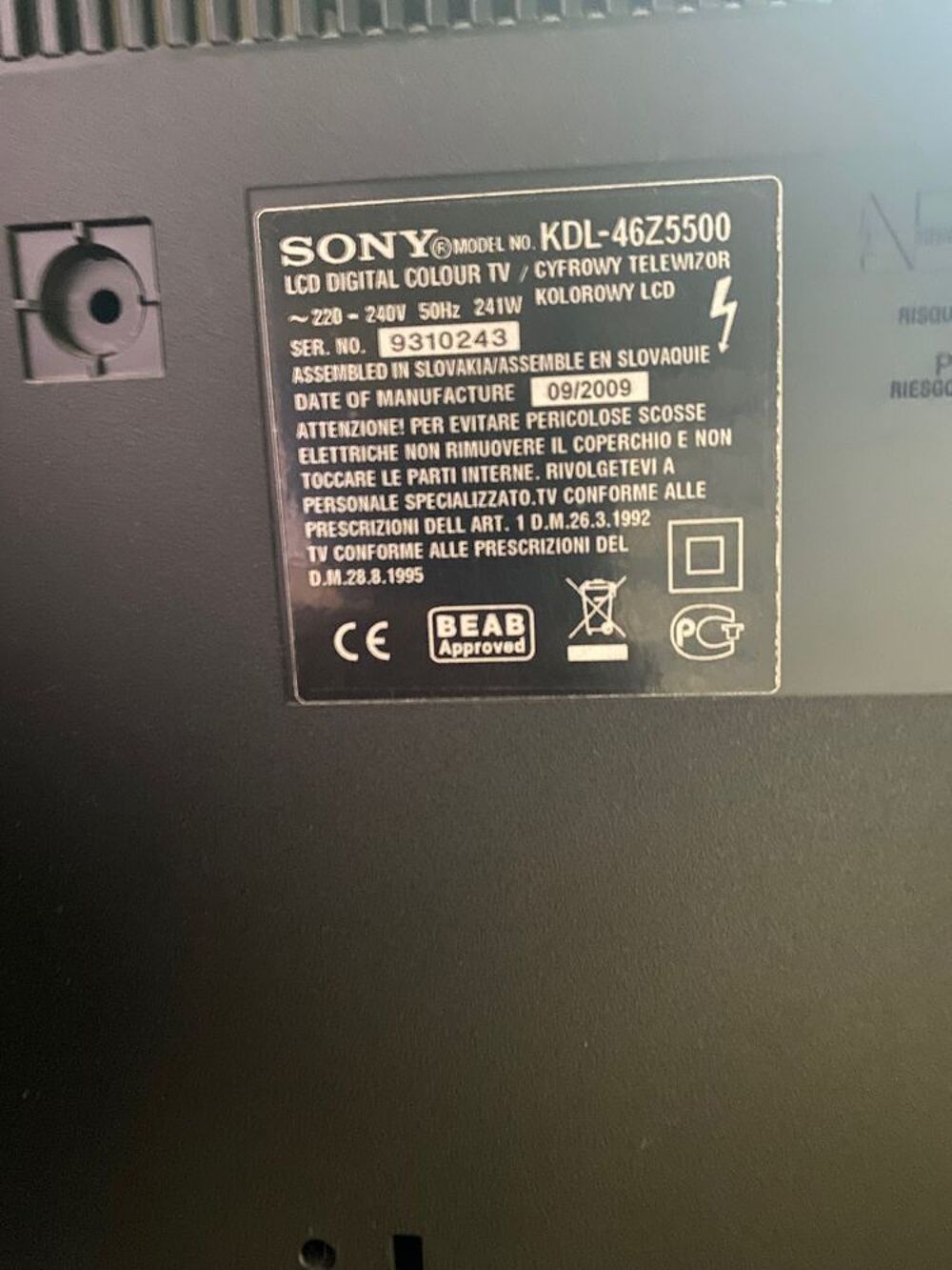 T&eacute;l&eacute;viseur SONY Bravia Photos/Video/TV