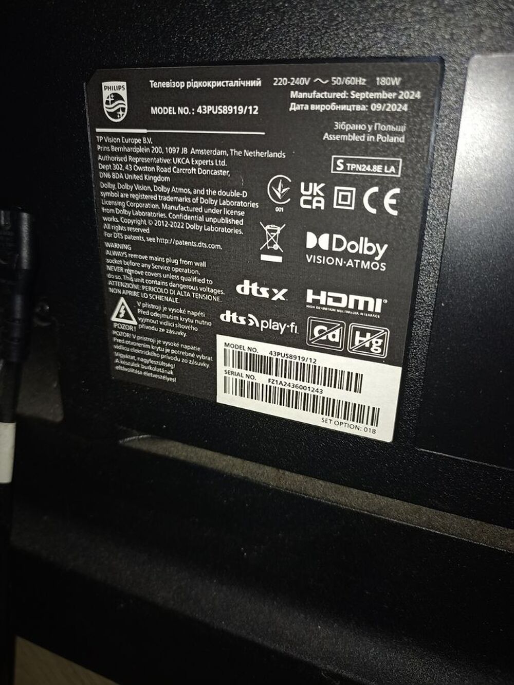 TV Philips LED UHD 4K The One 108cm Ann&eacute;e 2024/ 43PUS8919/12 Photos/Video/TV