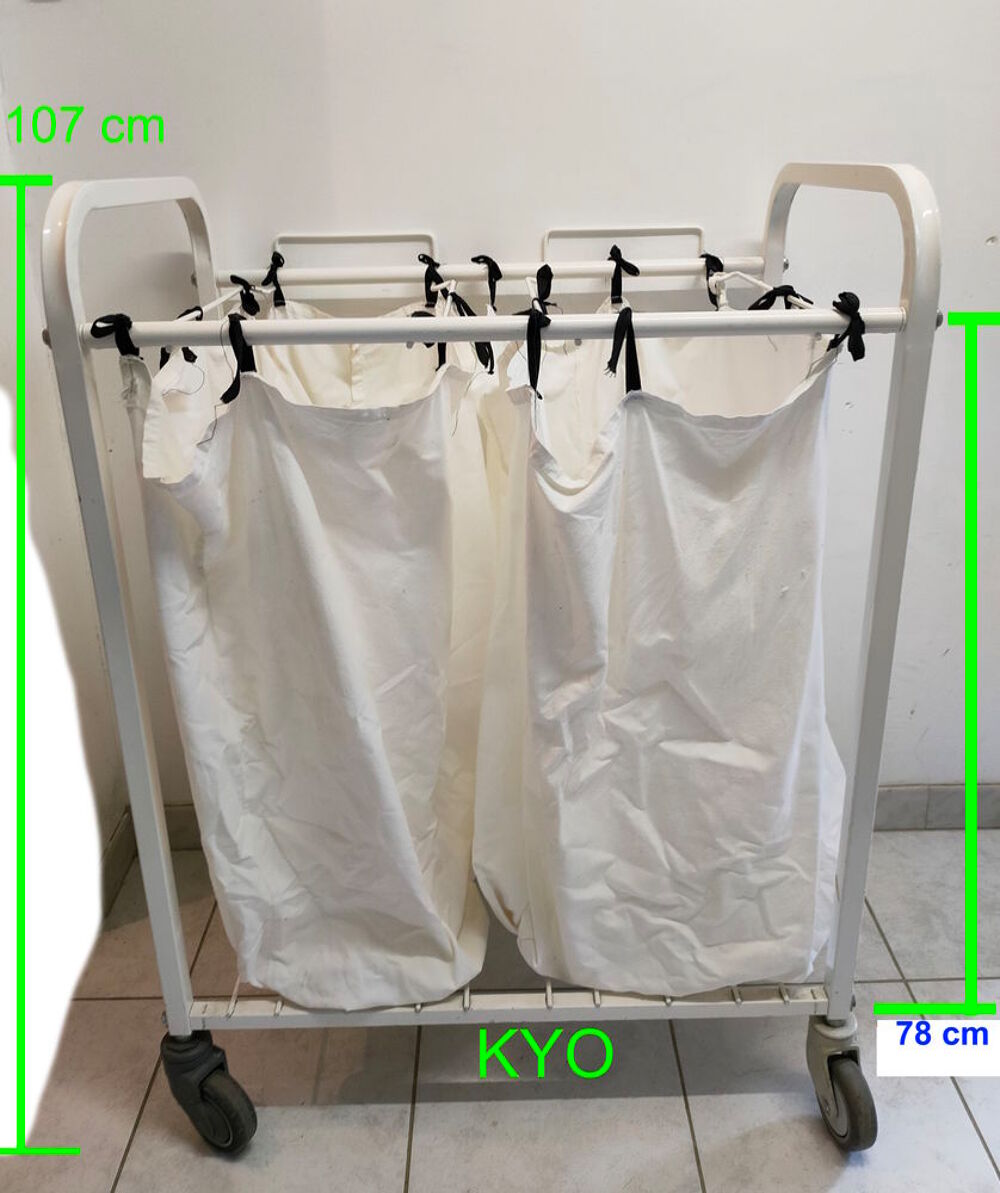Chariot porte-sac panier linge blanc m&eacute;tal roulettes Meubles