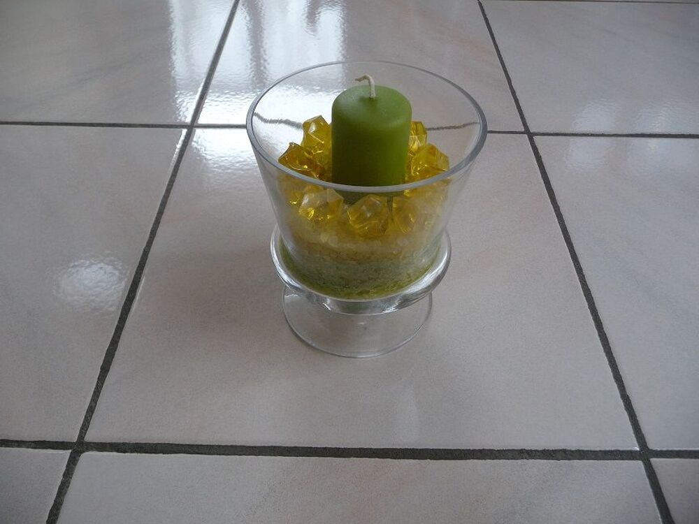 Coupe verre + bougie sur sable vert &amp; jaune NEUVE Décoration