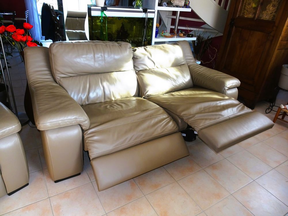 Ensemble Canap&eacute;, Fauteuil et Pouf en cuir Meubles