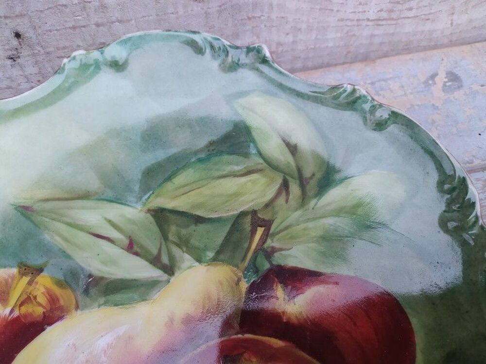 Ancienne Assiette Porcelaine D&eacute;cor Peint Fruits Pomme Poire 