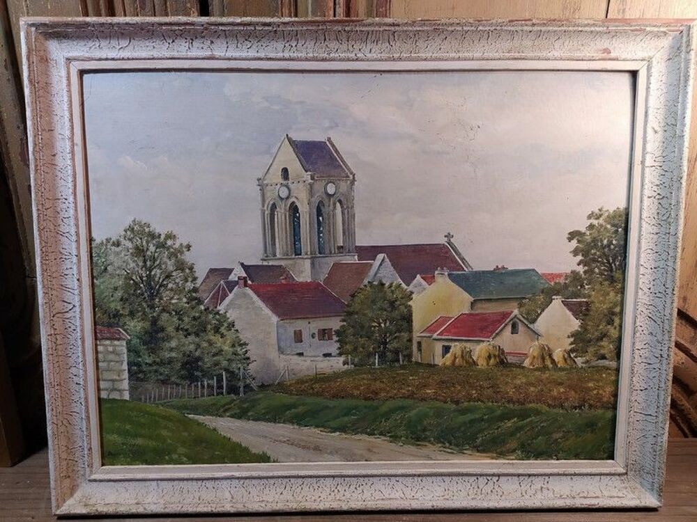 Ancien Tableau Vue du Village et Clocher d'Auvers sur Oise Décoration
