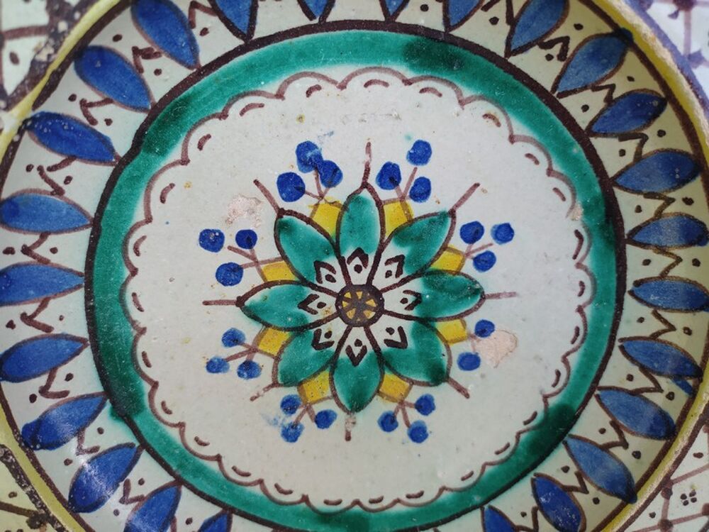 Ancien Plat C&eacute;ramique Polychrome Maroc XIX&egrave;me 