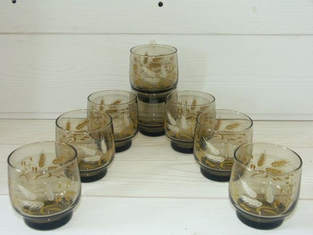 Lot 8 verres fum&eacute;s &eacute;pis de bl&eacute; Luminarc, Vintage 70 - NEUF Décoration