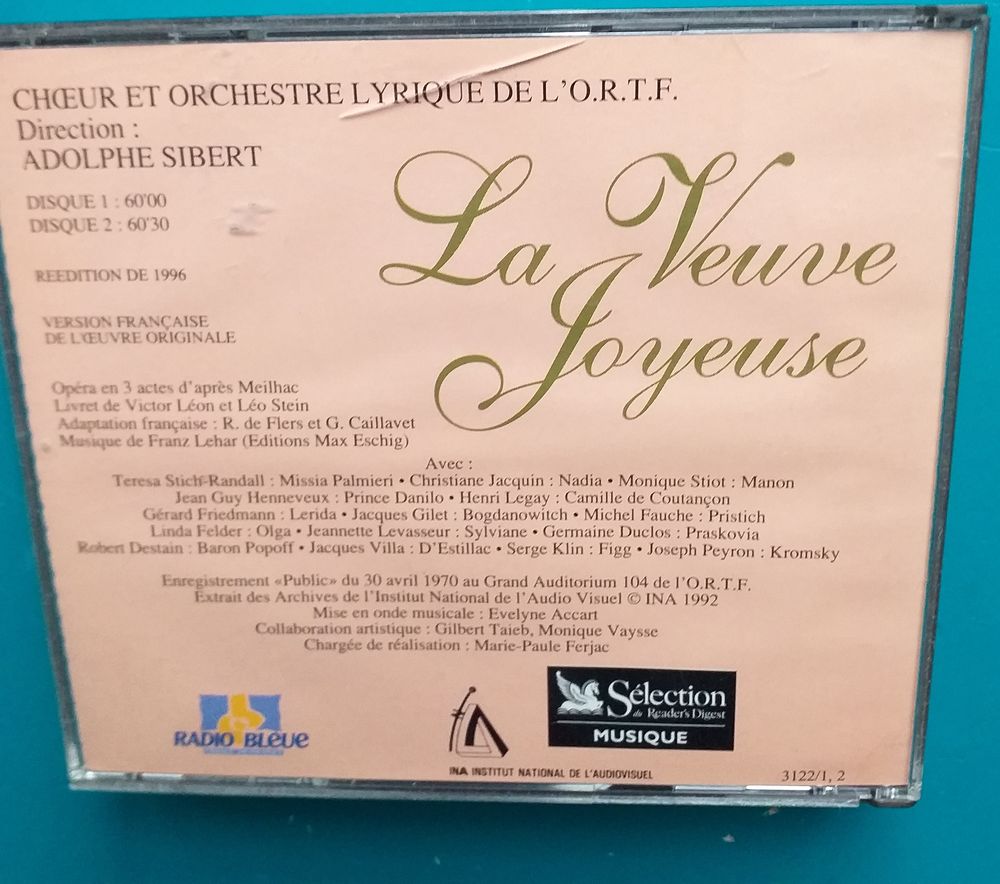 2 CD - LA VEUVE JOYEUSE de Franz LEHAR, choeur et orchestre lyrique de l'ORTF. Version fran&ccedil;aise int&eacute;grale CD et vinyles