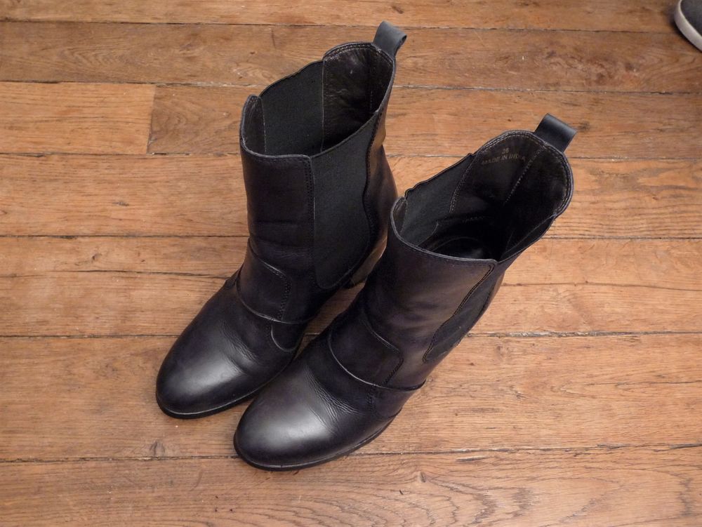 Bottines/ Boots &agrave; Talon Cuir Noir- Pointure 37-Golden Rose Chaussures