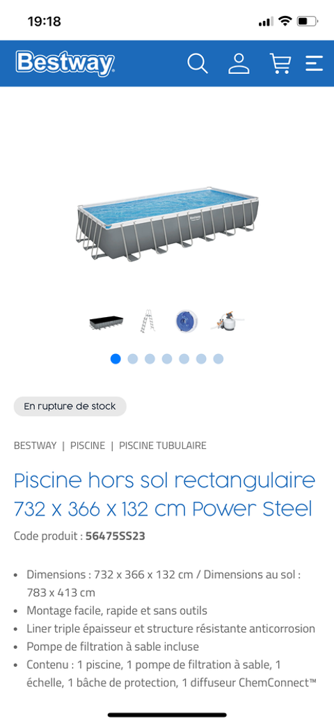 Piscine bestway neuve dans carton sur palette.
732x366x133m. 900 Soissons (02)
