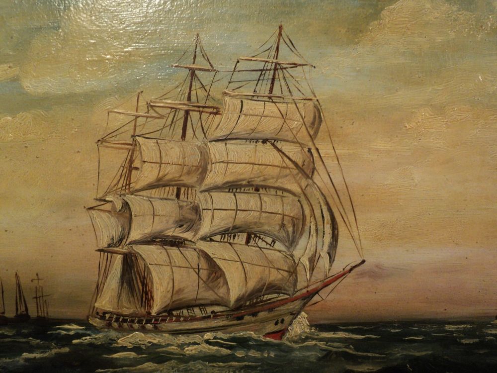 Ancien Tableau Peinture Marine Bateaux Voilier

