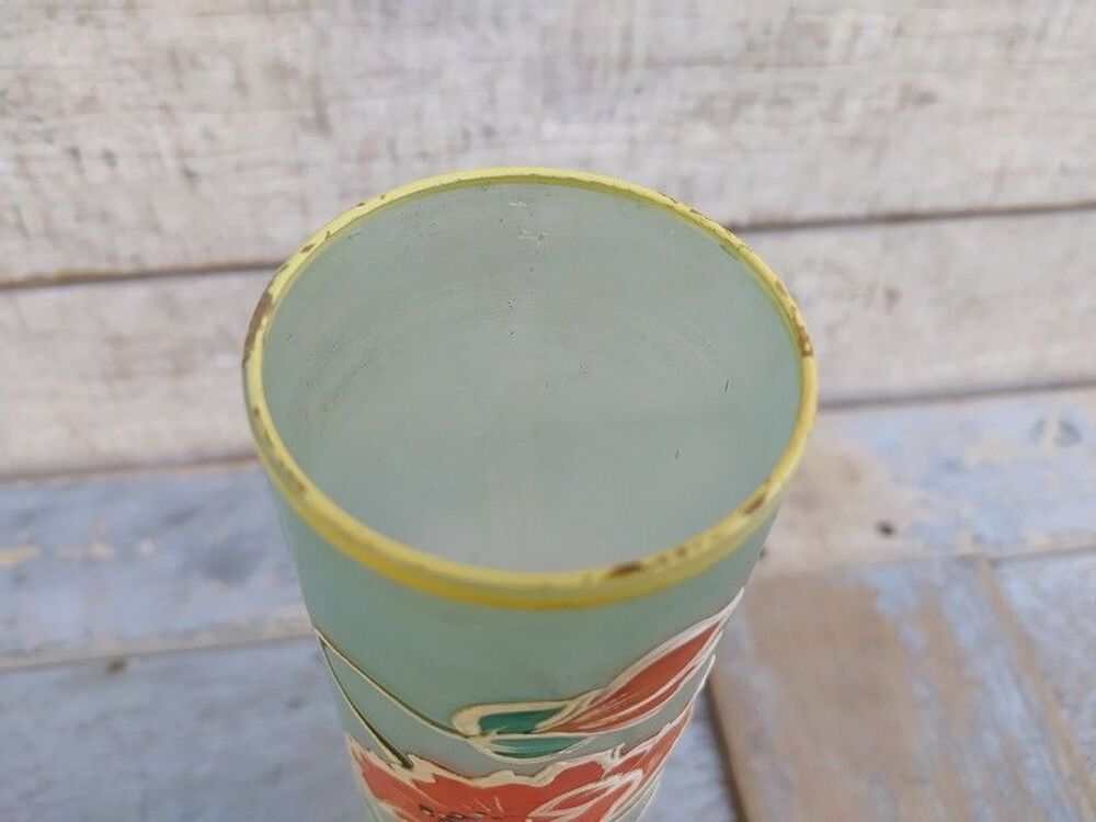 Ancien Vase Verre &Eacute;maill&eacute; D&eacute;cor Fleurs Pavot Style Legras Décoration