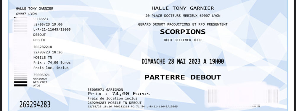 Concert SCORPIONS LYON HALLE TONY GARNIER Billetterie