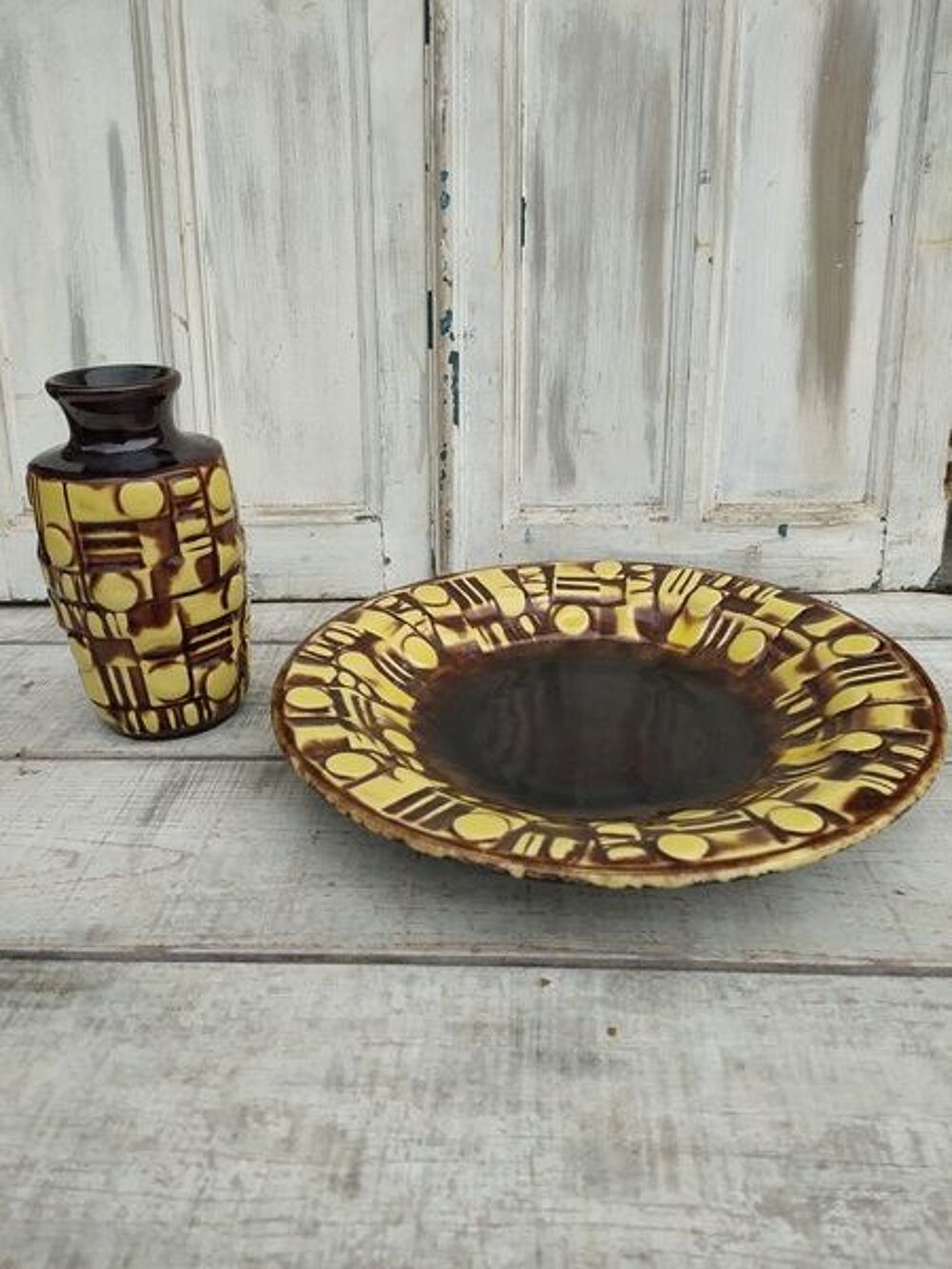 Vase Plat C&eacute;ramique vintage D&eacute;cor G&eacute;om&eacute;trique Brun Jaune Décoration