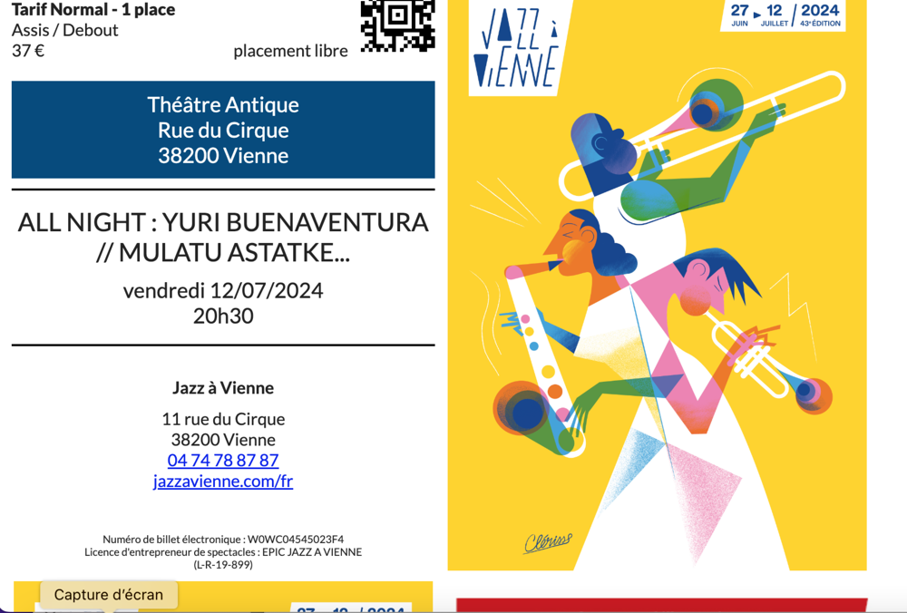 Deux billets Jazz &agrave; Vienne 12 juillet Billetterie